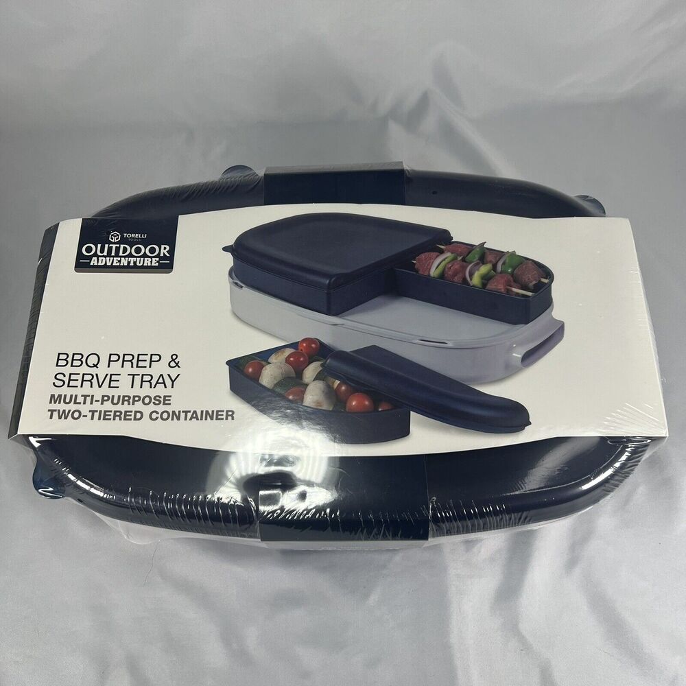 Torelli Outdoor Adventure BBQ Prep & Serve Tray Two-Tiered Container Blue White
